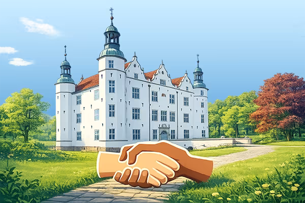 Illustration vom Ahrensburger Schloss mit Handschlag